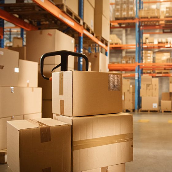 Warehouse full of Shelves with Goods Stored on Manual Pallet Truck in Cardboard Boxes and Packages.